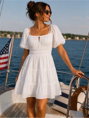 Trixxi White Puff Sleeve Tiered Mini Dress with Scoop Neck